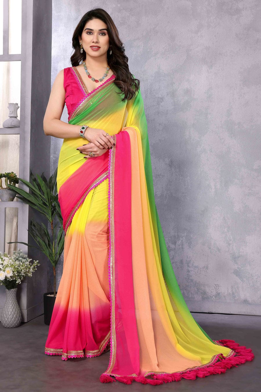 Uplifting 1 Minute Ready To Wear Green And Yellow Georgette Saree