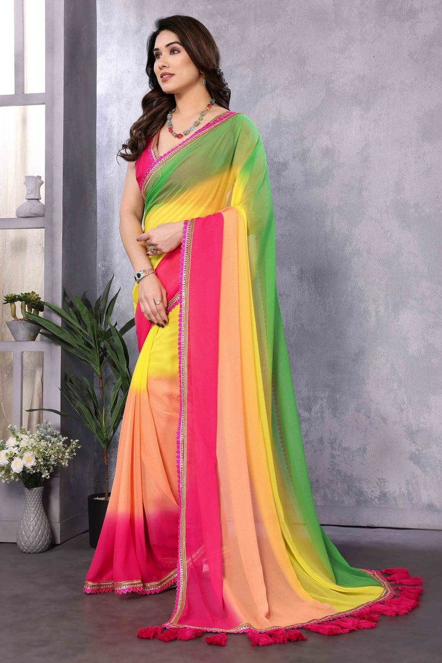 Uplifting 1 Minute Ready To Wear Green And Yellow Georgette Saree