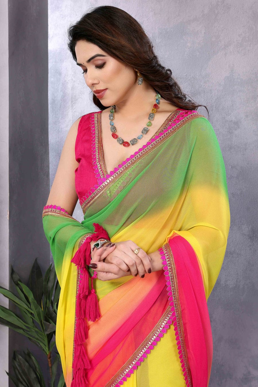 Uplifting 1 Minute Ready To Wear Green And Yellow Georgette Saree