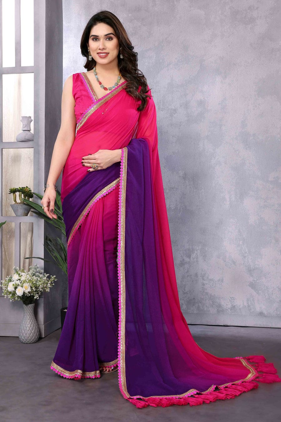 Enthralling 1 Minute Ready To Wear Pink And Purple Georgette Saree