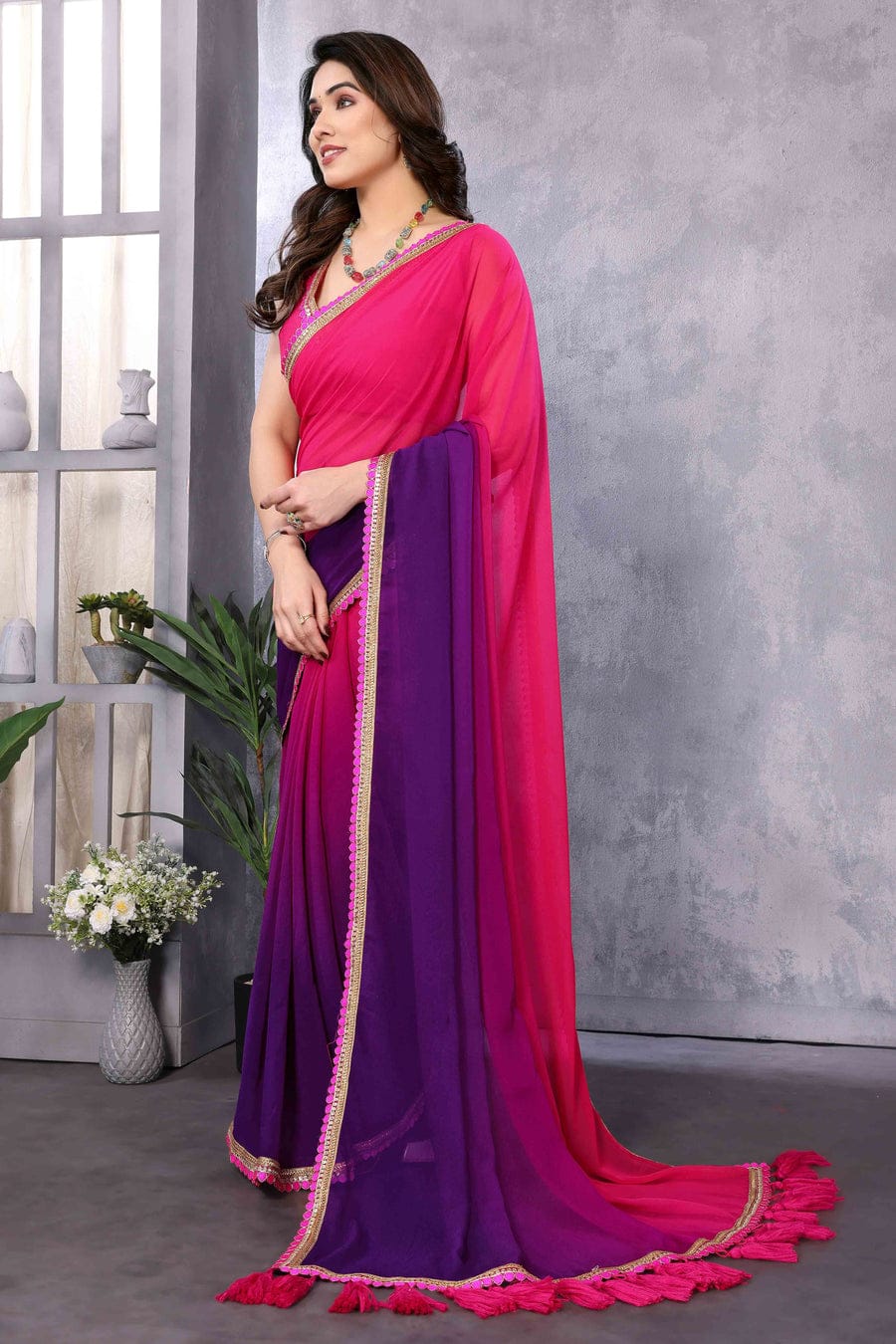 Enthralling 1 Minute Ready To Wear Pink And Purple Georgette Saree