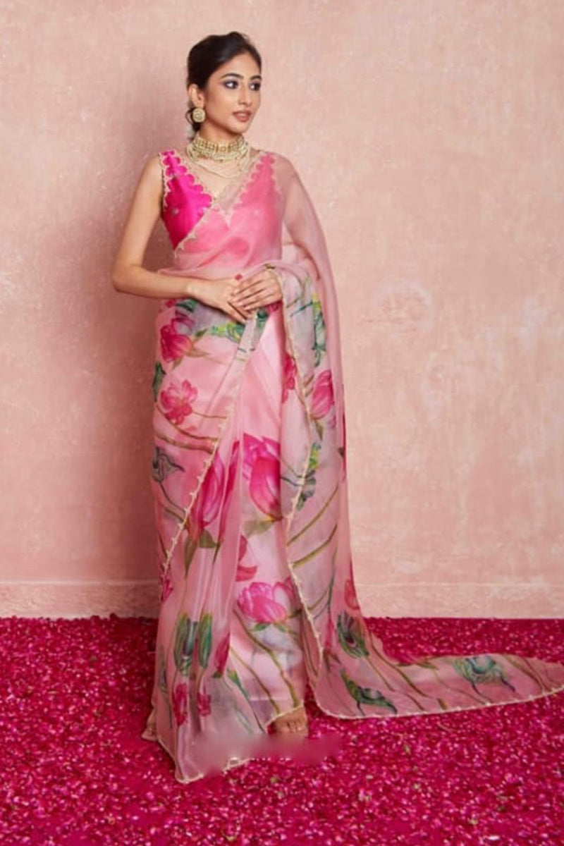 Dalliance 1 Minute Ready To Wear Baby Pink Organza Saree
