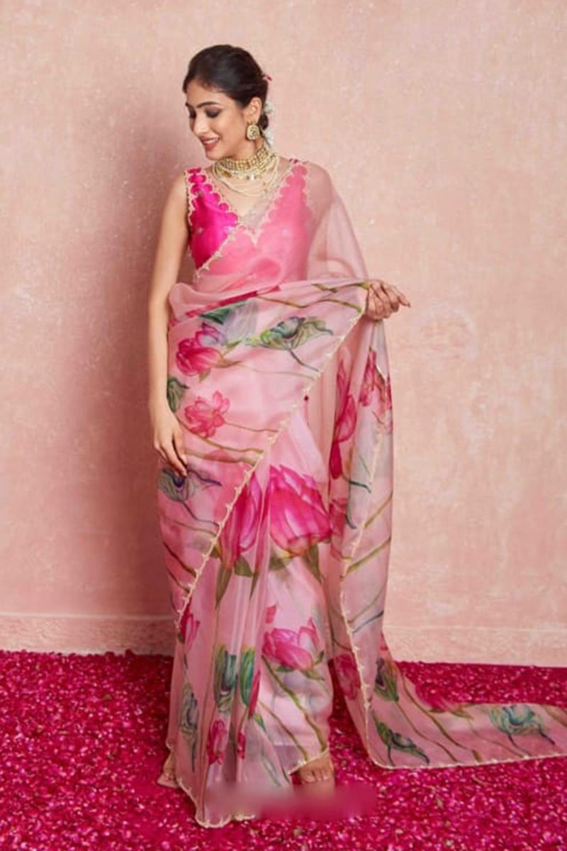 Dalliance 1 Minute Ready To Wear Baby Pink Organza Saree