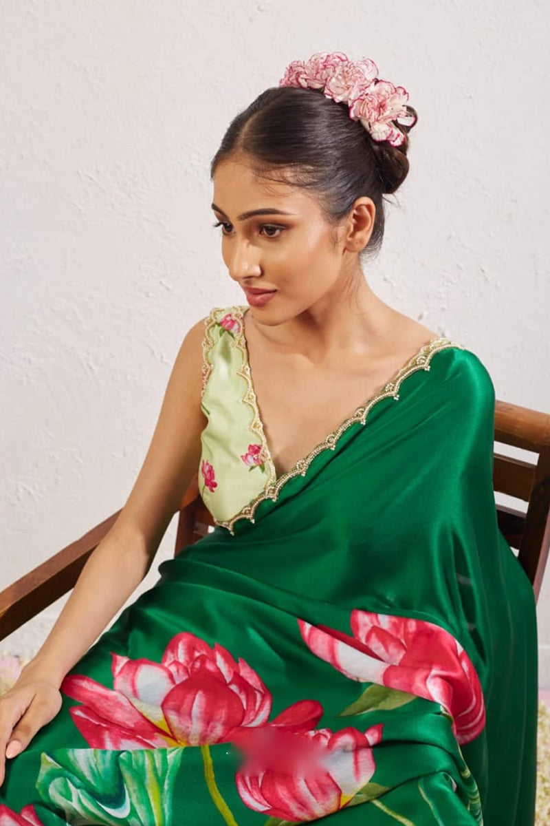 Palimpsest 1 Minute Ready To Wear Dark Green Satin Saree