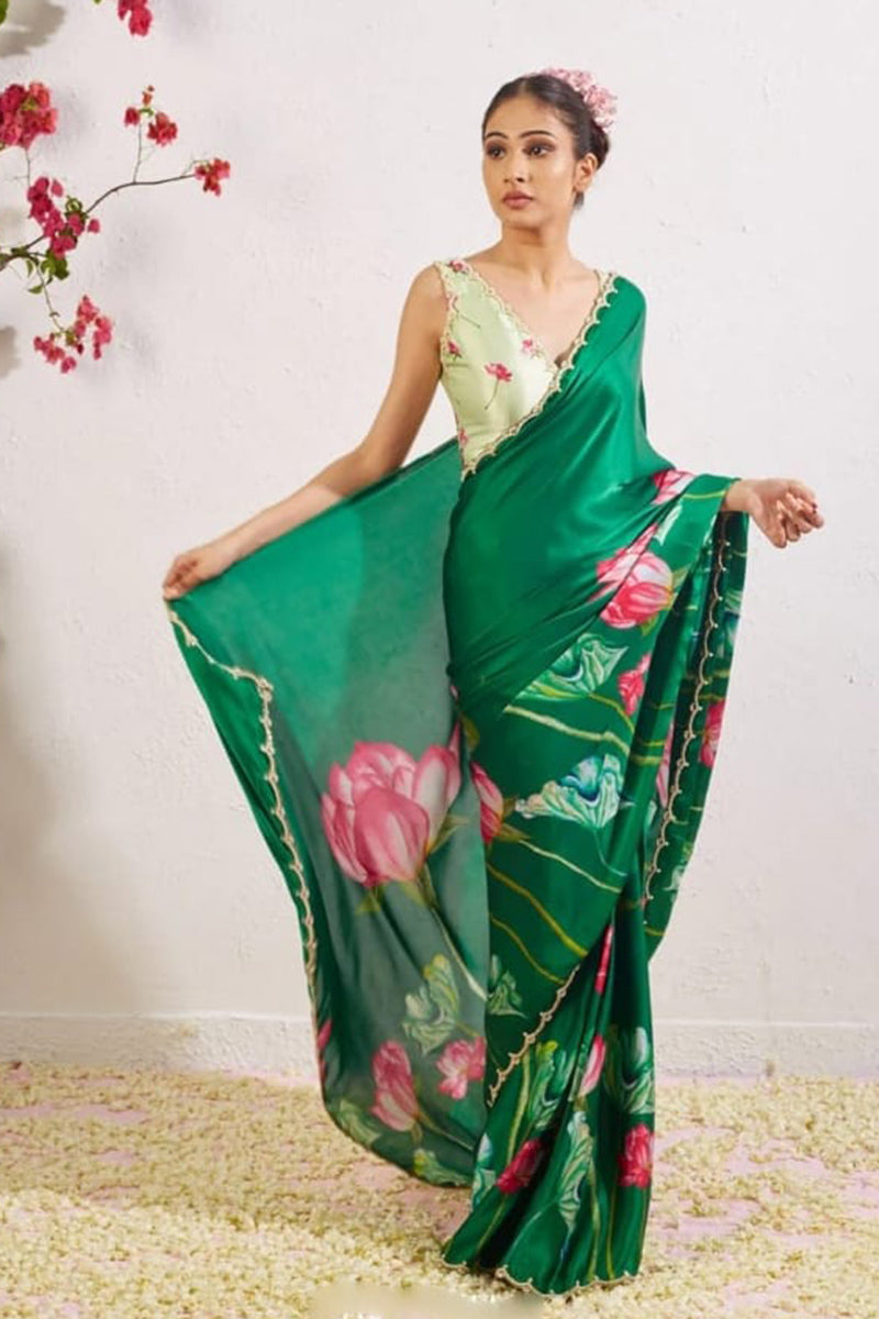 Palimpsest 1 Minute Ready To Wear Dark Green Satin Saree