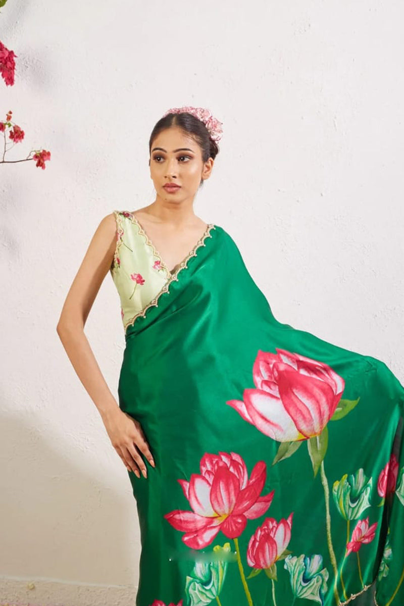 Palimpsest 1 Minute Ready To Wear Dark Green Satin Saree