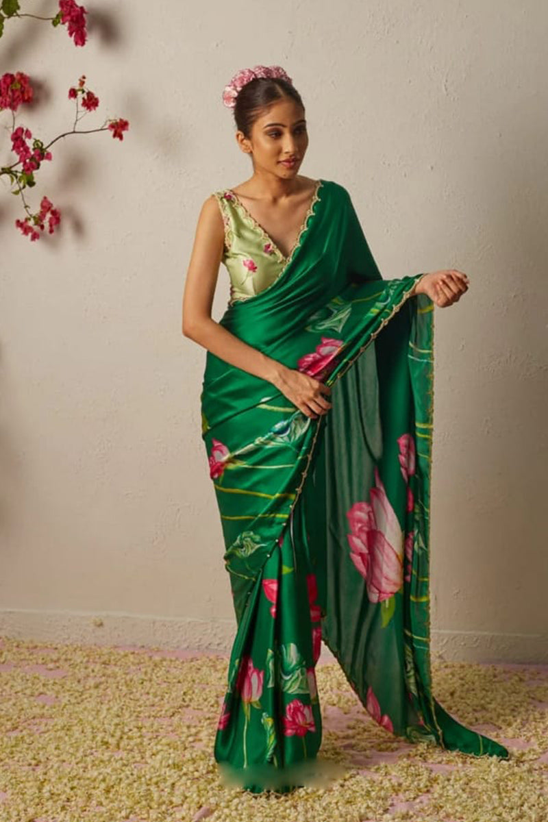 Palimpsest 1 Minute Ready To Wear Dark Green Satin Saree