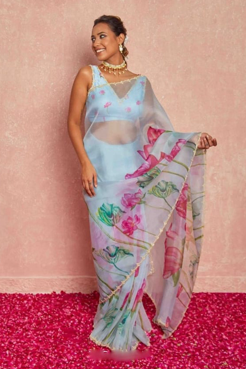 Hypnotic 1 Minute Ready To Wear Sky Blue Organza Saree
