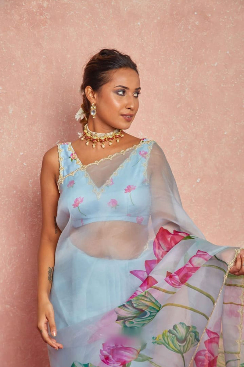 Hypnotic 1 Minute Ready To Wear Sky Blue Organza Saree