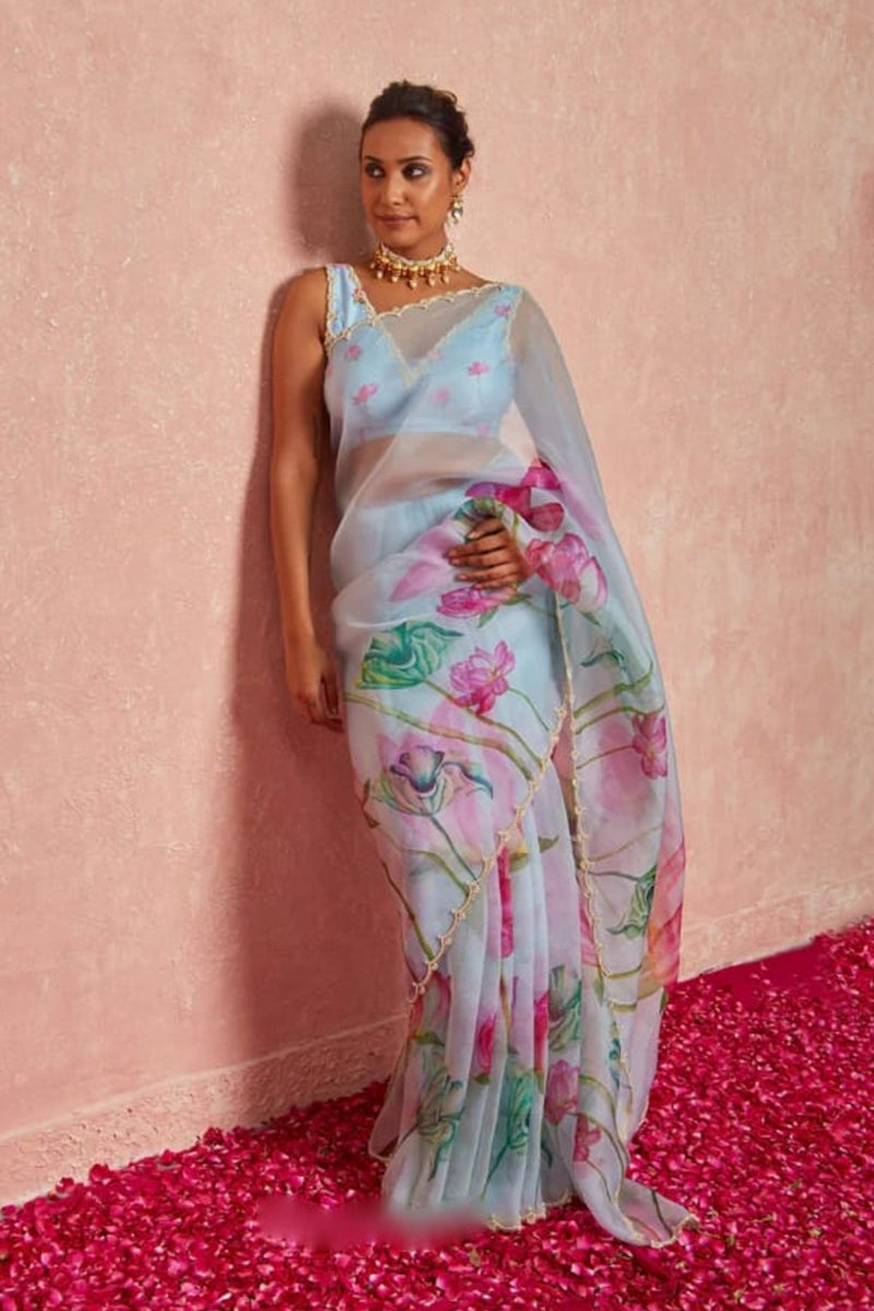 Hypnotic 1 Minute Ready To Wear Sky Blue Organza Saree