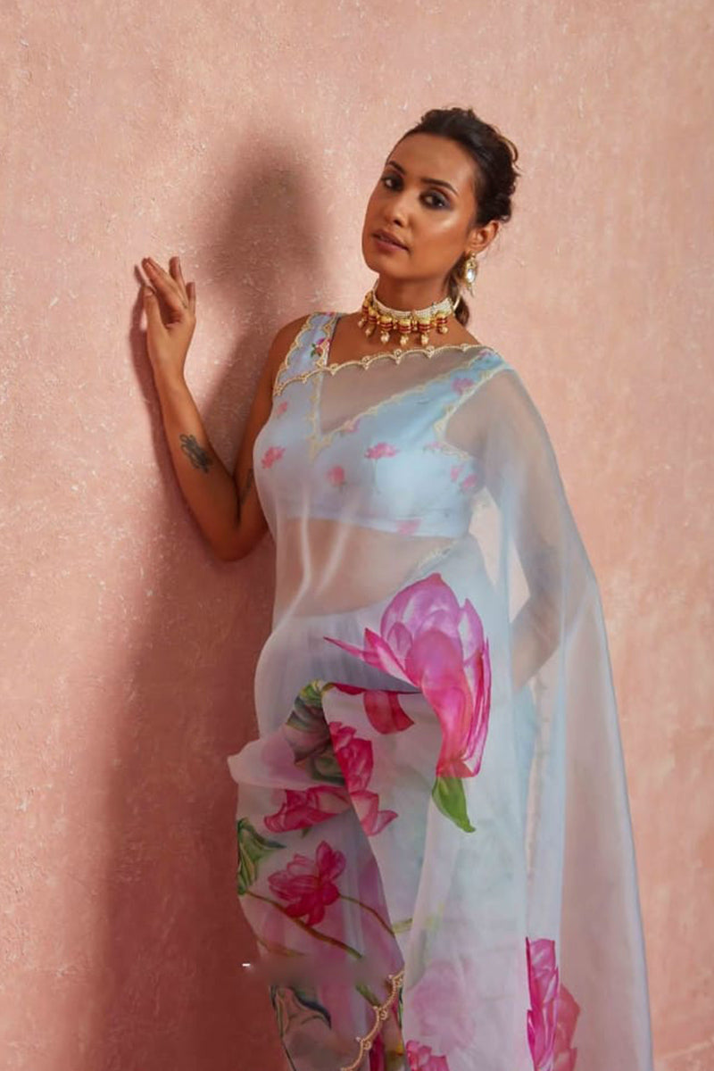 Hypnotic 1 Minute Ready To Wear Sky Blue Organza Saree
