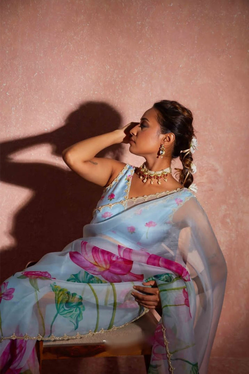 Hypnotic 1 Minute Ready To Wear Sky Blue Organza Saree