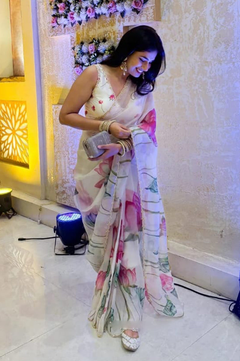 Lagniappe 1 Minute Ready To Wear White Organza Saree