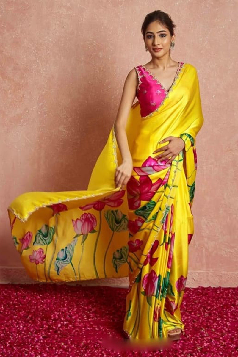 Scintilla 1 Minute Ready To Wear Yellow Satin Saree