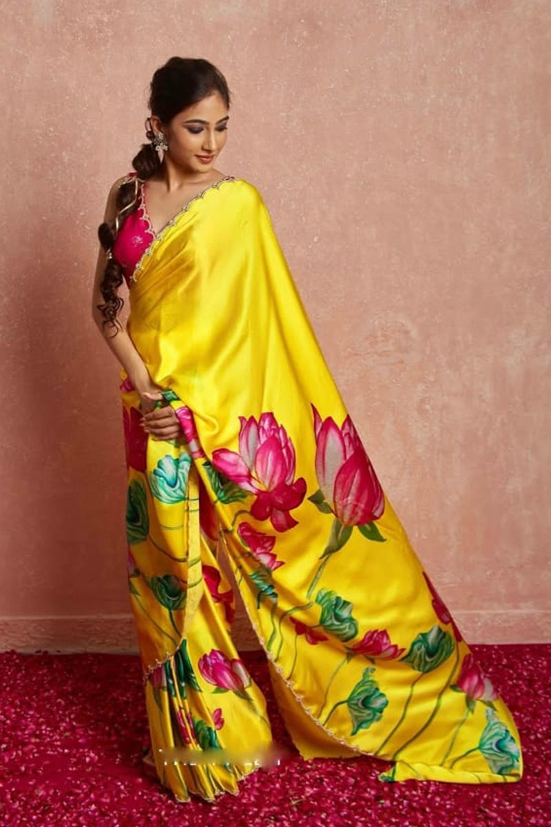 Scintilla 1 Minute Ready To Wear Yellow Satin Saree