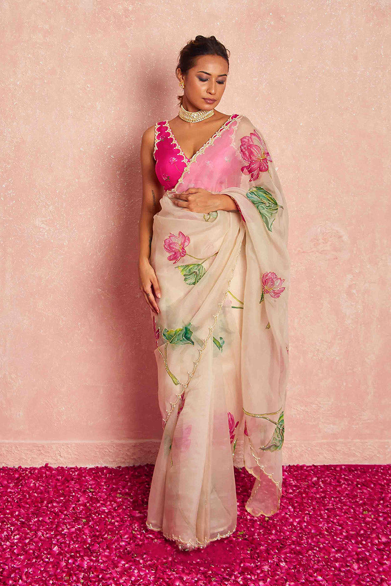 Glam 1 Minute Ready To Wear Beige Organza Saree