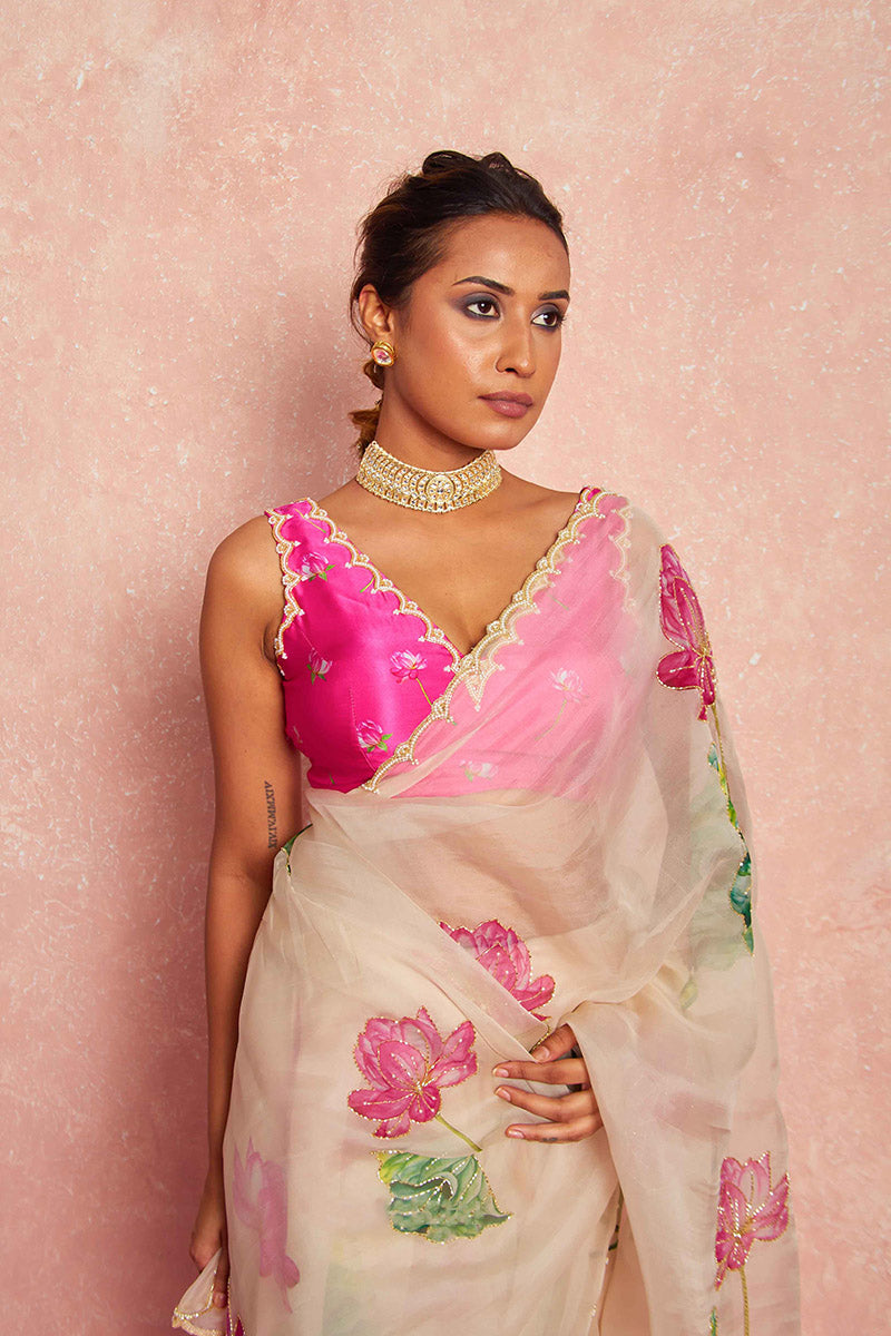 Glam 1 Minute Ready To Wear Beige Organza Saree