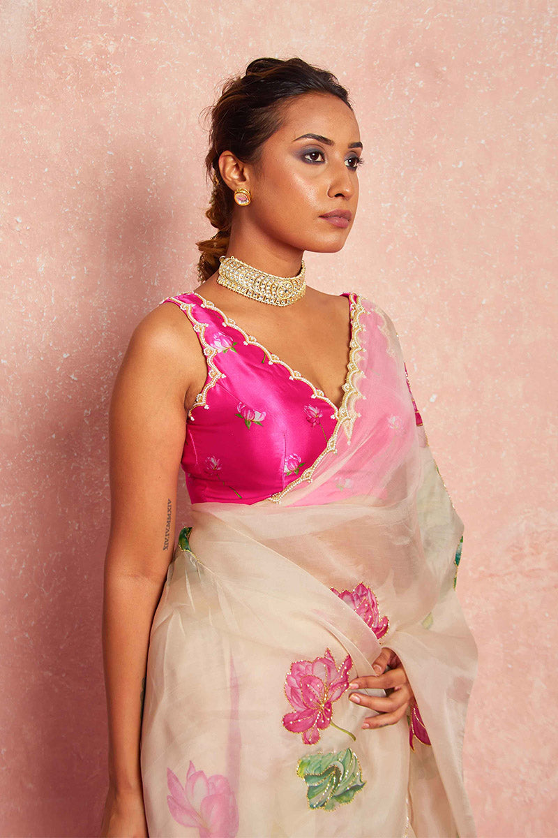 Glam 1 Minute Ready To Wear Beige Organza Saree