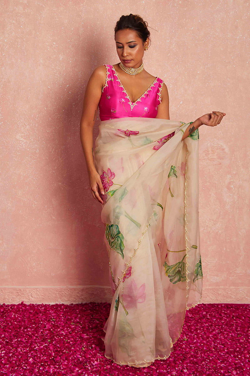 Glam 1 Minute Ready To Wear Beige Organza Saree