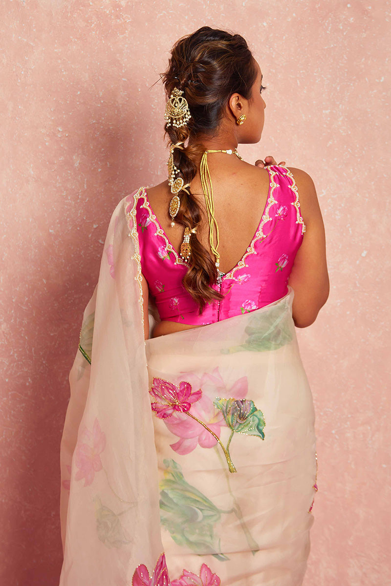 Glam 1 Minute Ready To Wear Beige Organza Saree