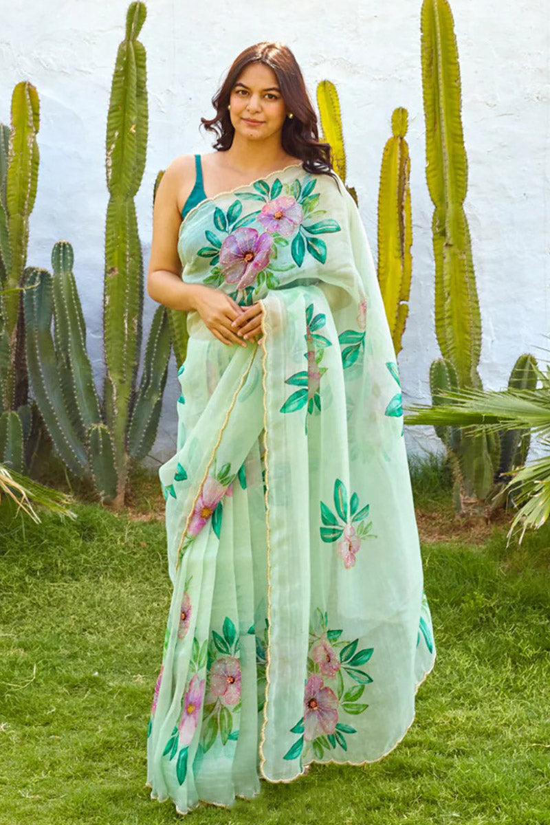Captivating 1 Minute Ready To Wear Green Organza Saree