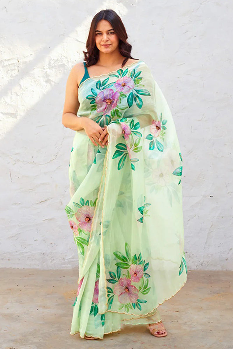 Captivating 1 Minute Ready To Wear Green Organza Saree