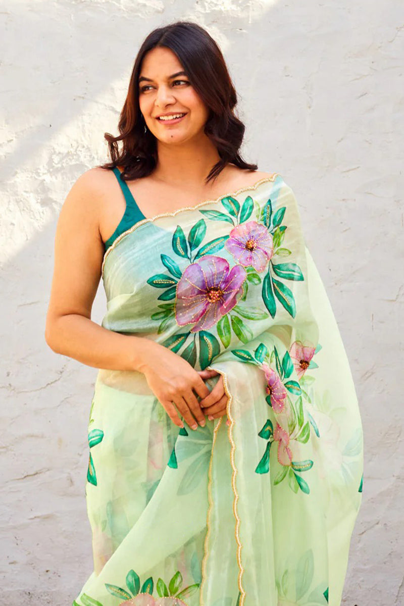 Captivating 1 Minute Ready To Wear Green Organza Saree