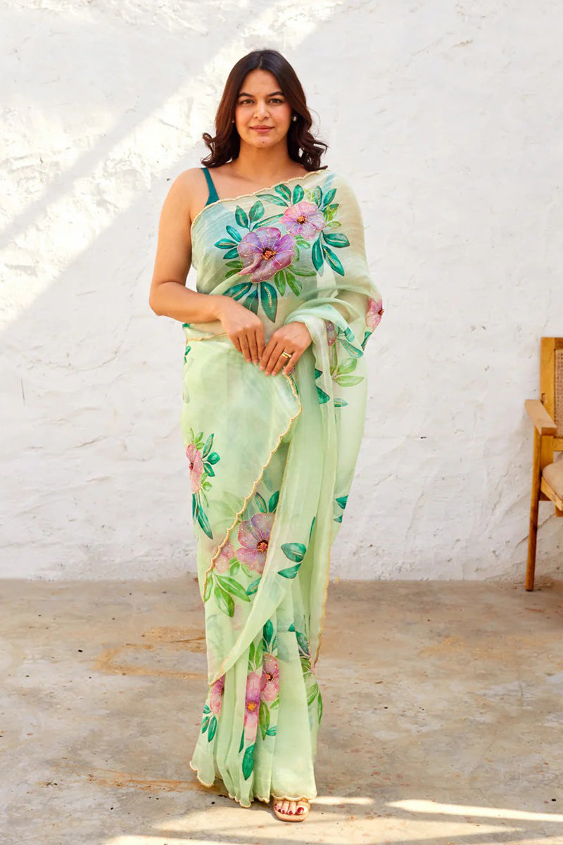 Captivating 1 Minute Ready To Wear Green Organza Saree