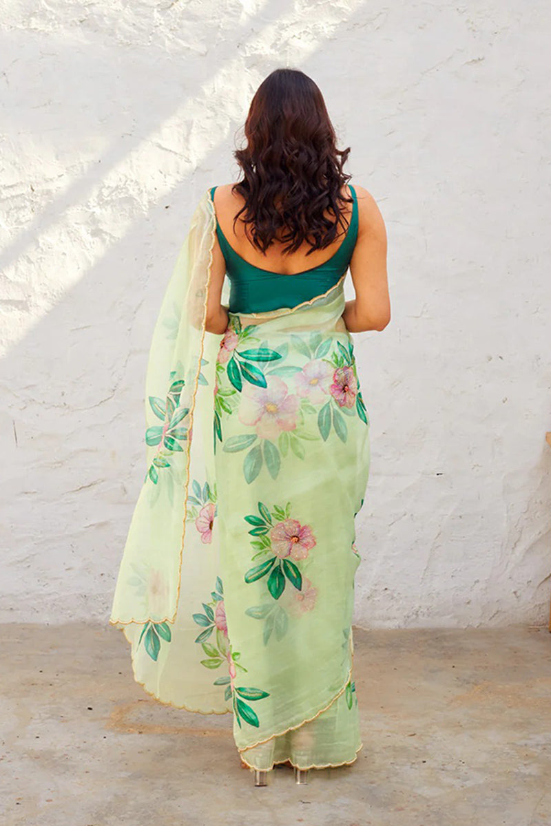 Captivating 1 Minute Ready To Wear Green Organza Saree