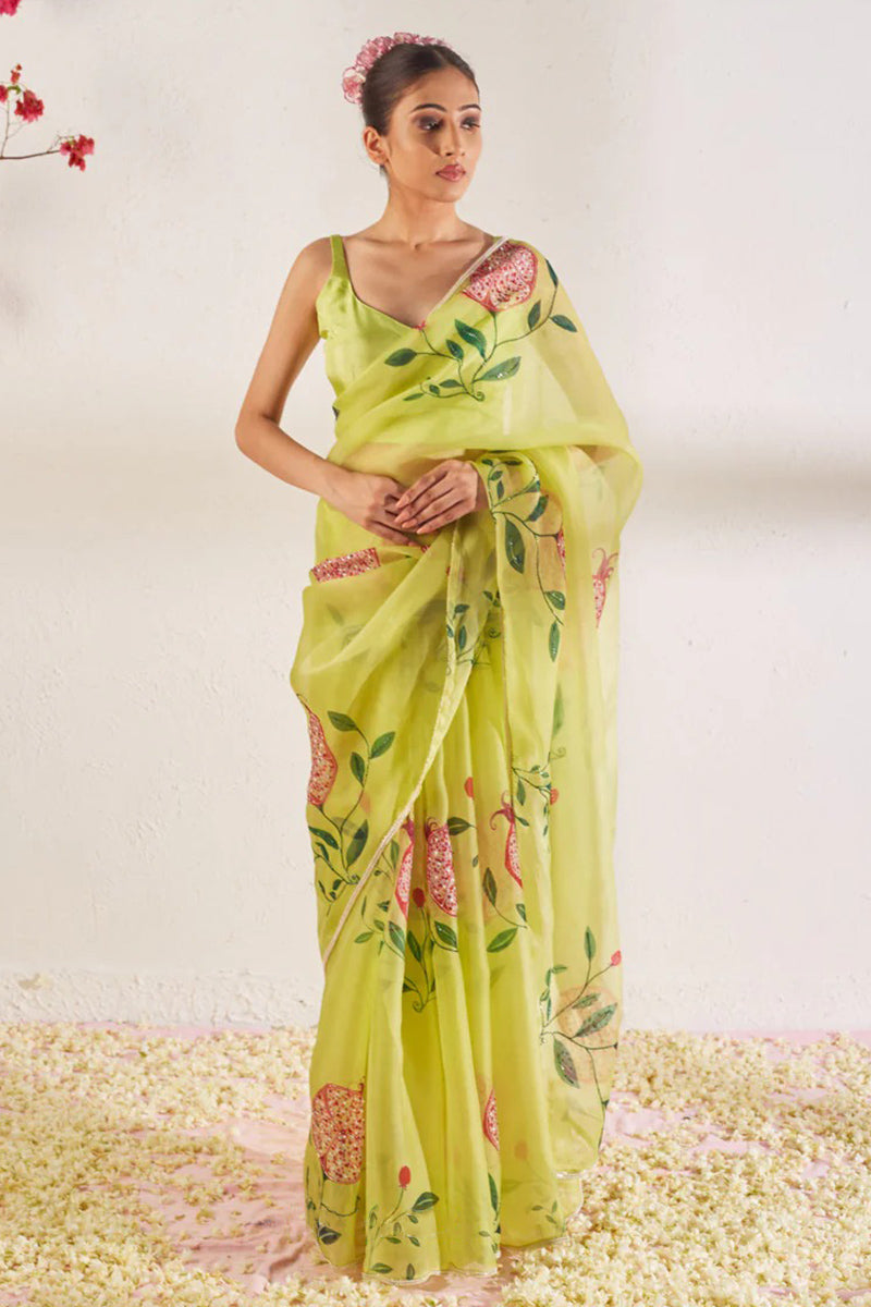 Ratatouille 1 Minute Ready To Wear Green Organza Saree