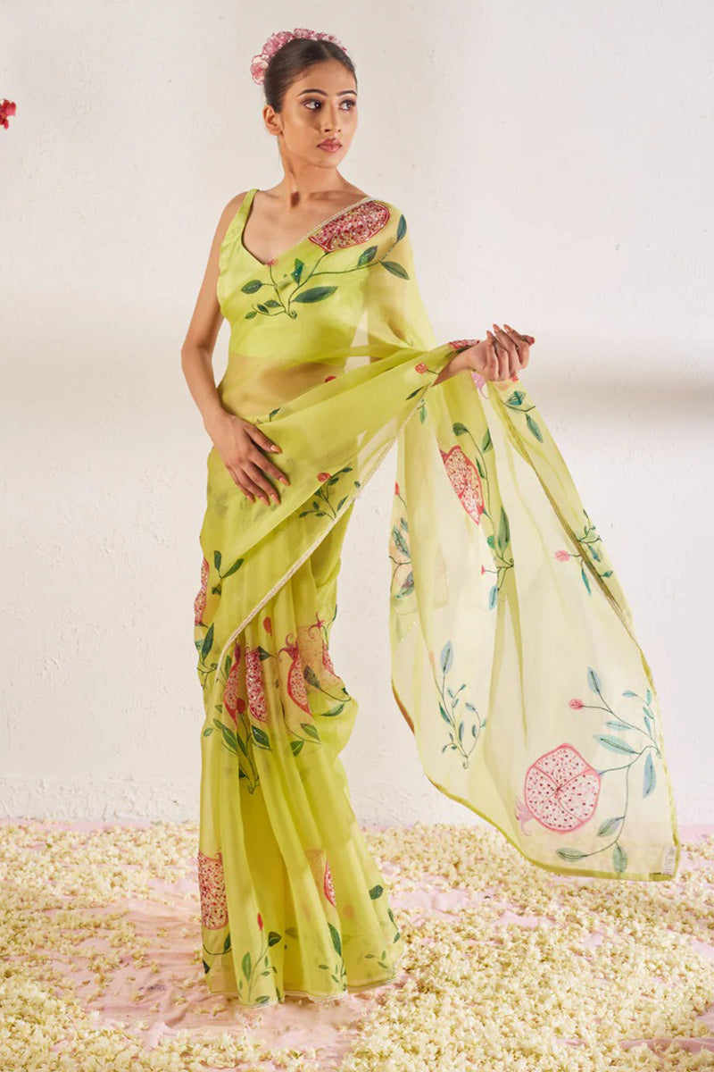 Ratatouille 1 Minute Ready To Wear Green Organza Saree