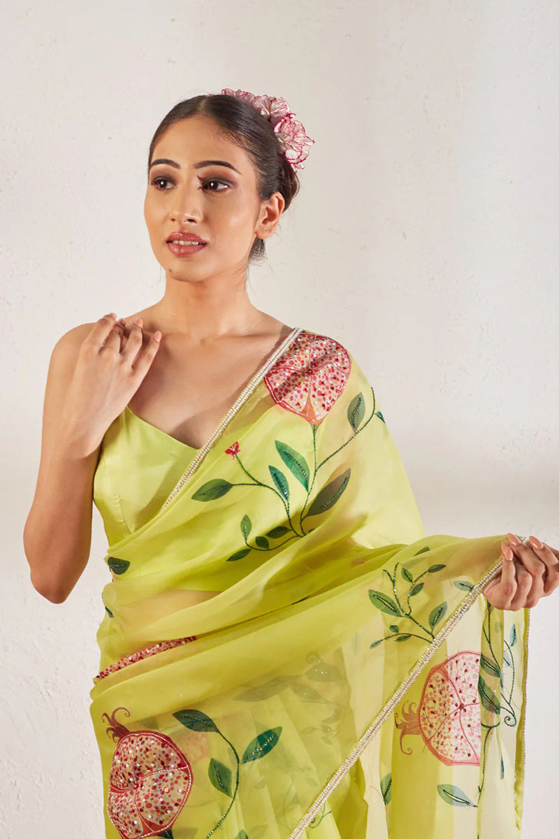Ratatouille 1 Minute Ready To Wear Green Organza Saree