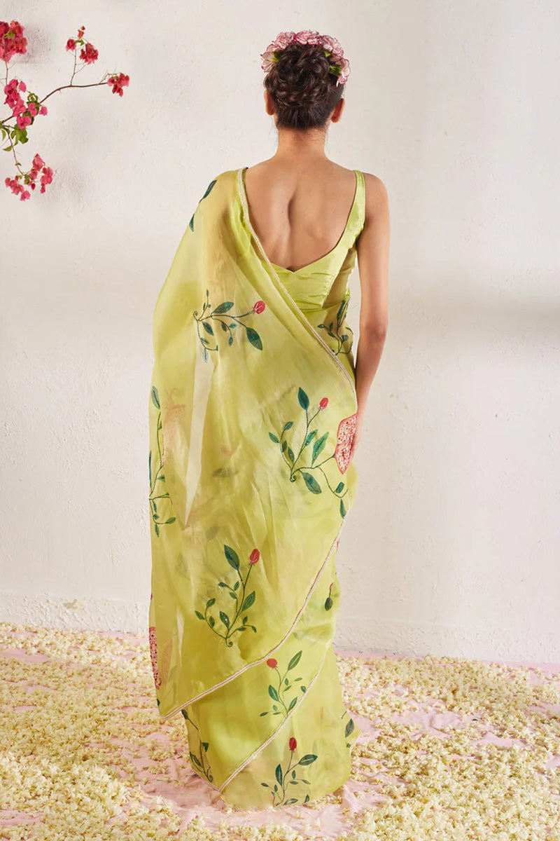 Ratatouille 1 Minute Ready To Wear Green Organza Saree