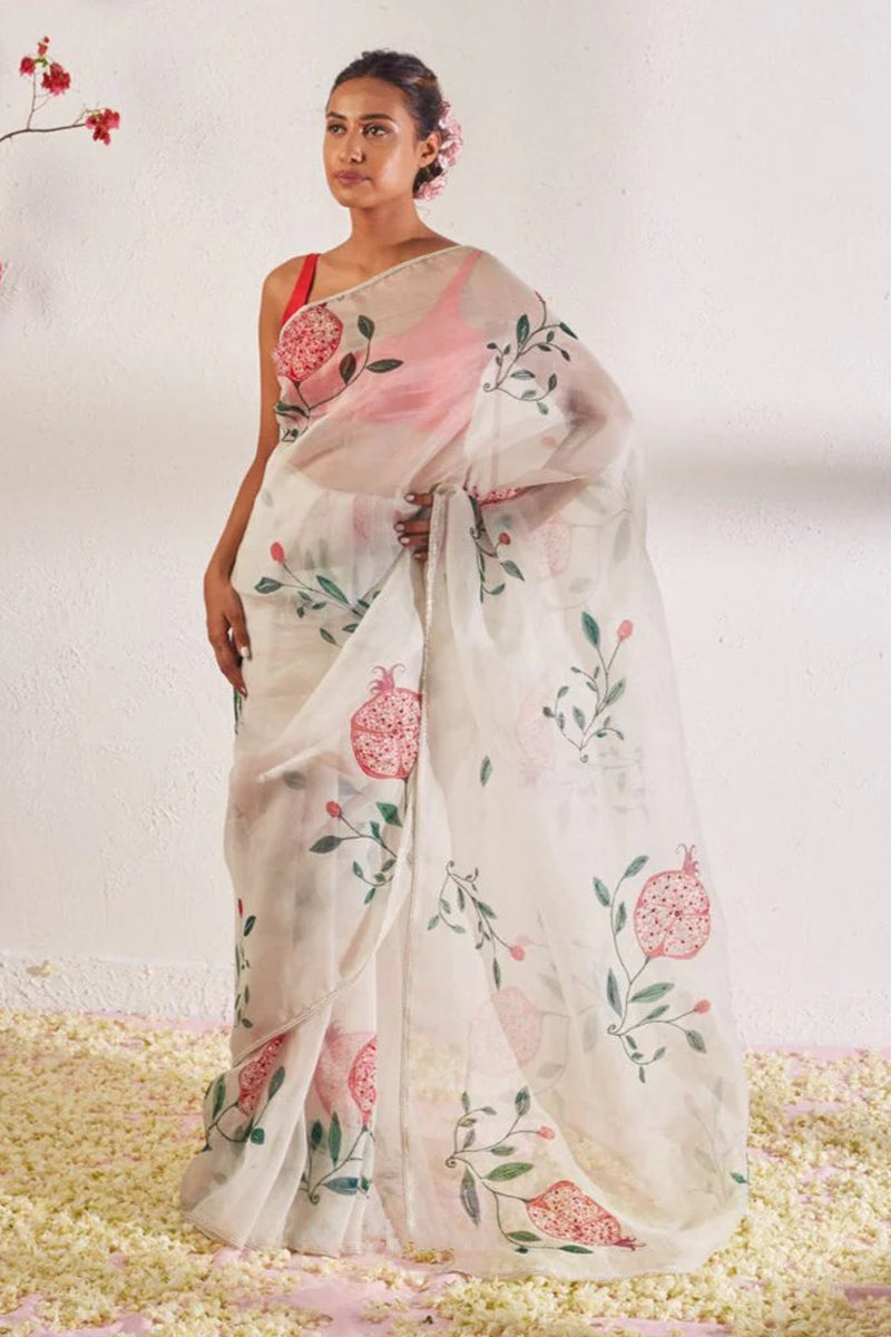 Traditional 1 Minute Ready To Wear White Organza Saree
