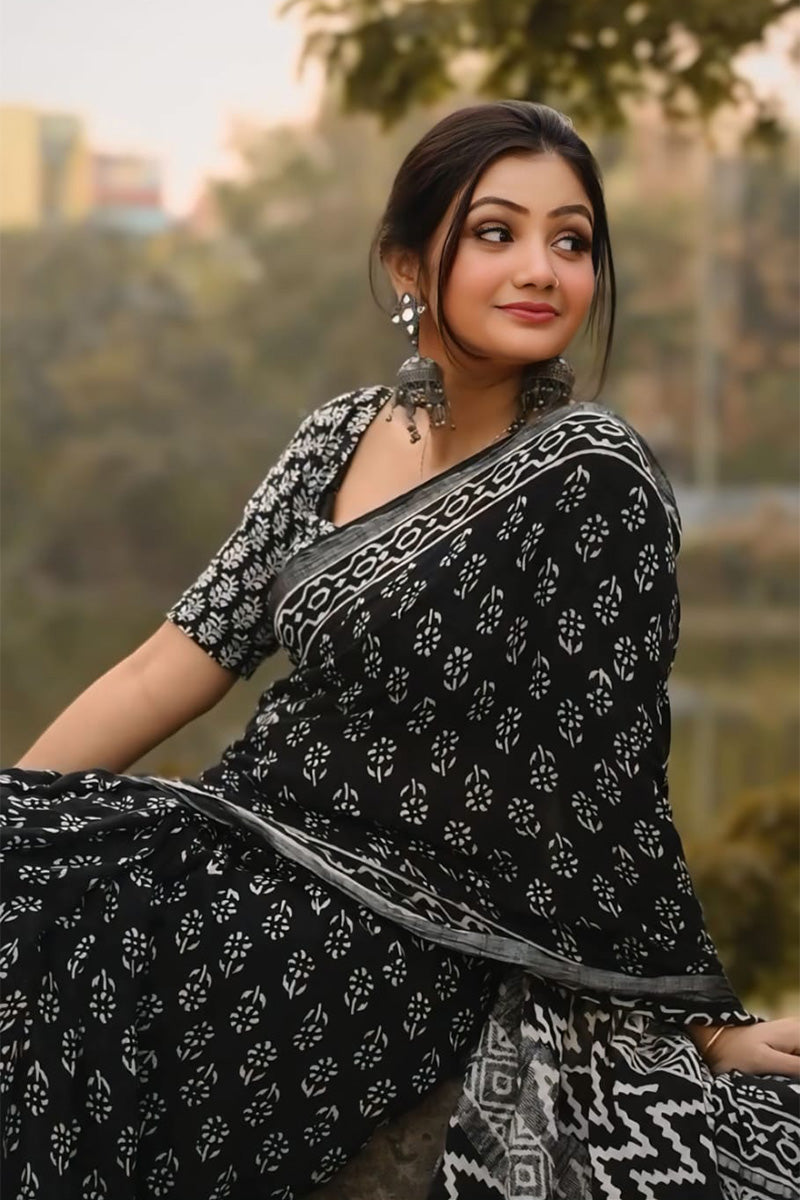Beleaguer 1 Minute Ready To Wear Black Cotton Digital Printed Saree