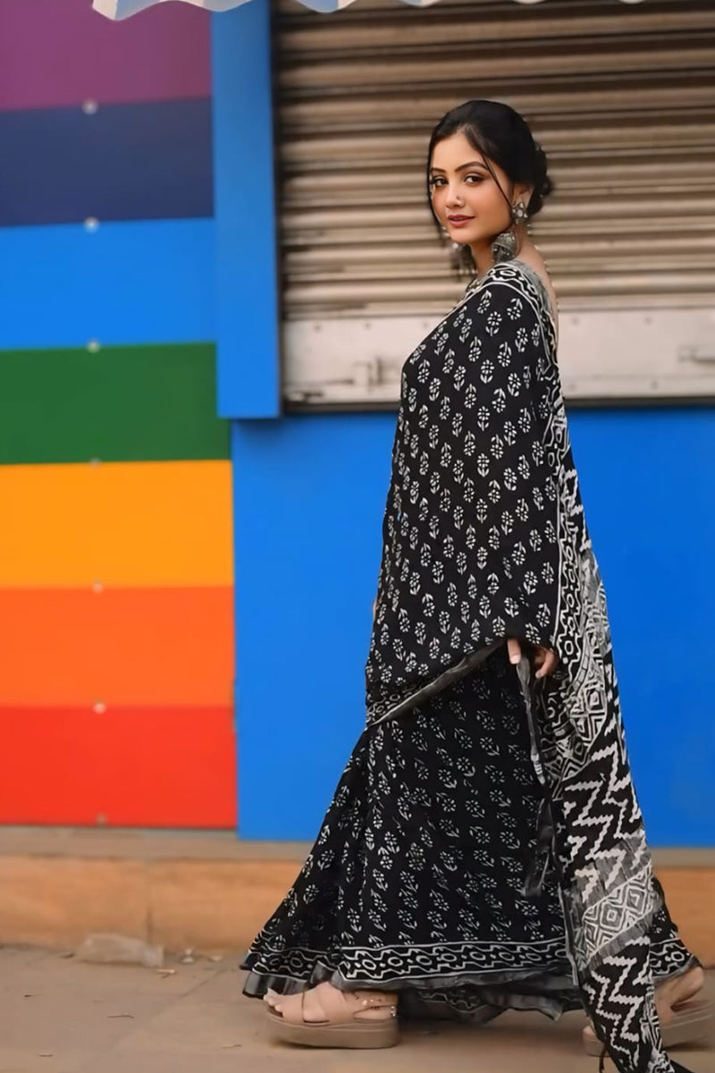 Beleaguer 1 Minute Ready To Wear Black Cotton Digital Printed Saree