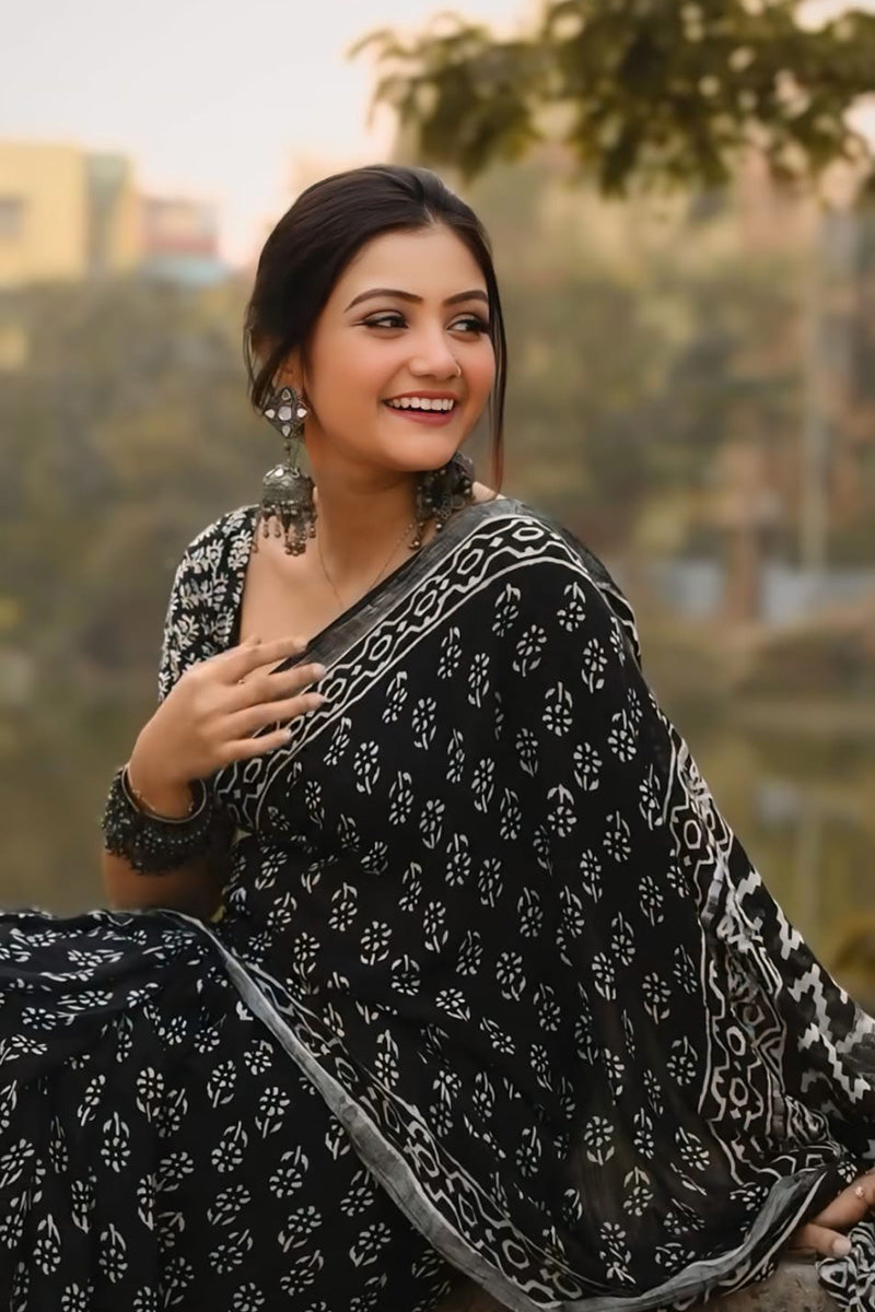 Beleaguer 1 Minute Ready To Wear Black Cotton Digital Printed Saree