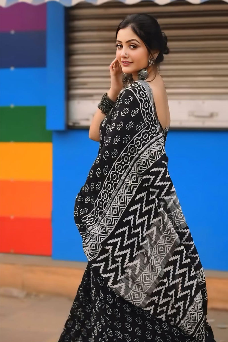 Beleaguer 1 Minute Ready To Wear Black Cotton Digital Printed Saree