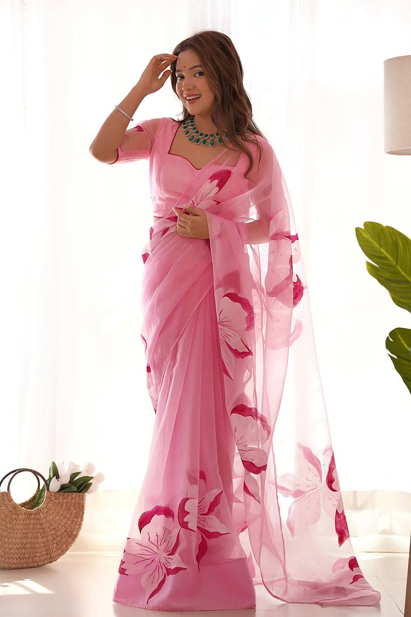 Petrichor 1 Minute Ready To Wear Pink Organza Digital Print Saree