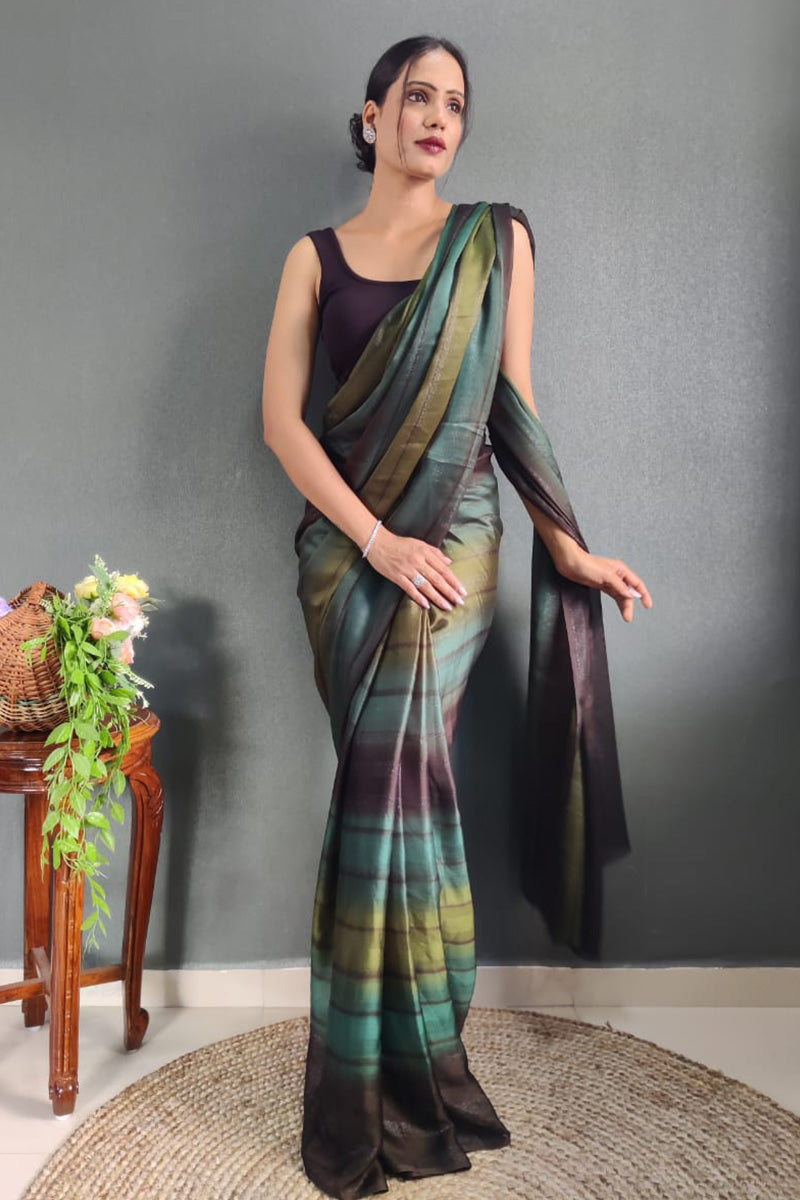 Stunning 1 Minute Ready To Wear Green Nylon Silk Saree