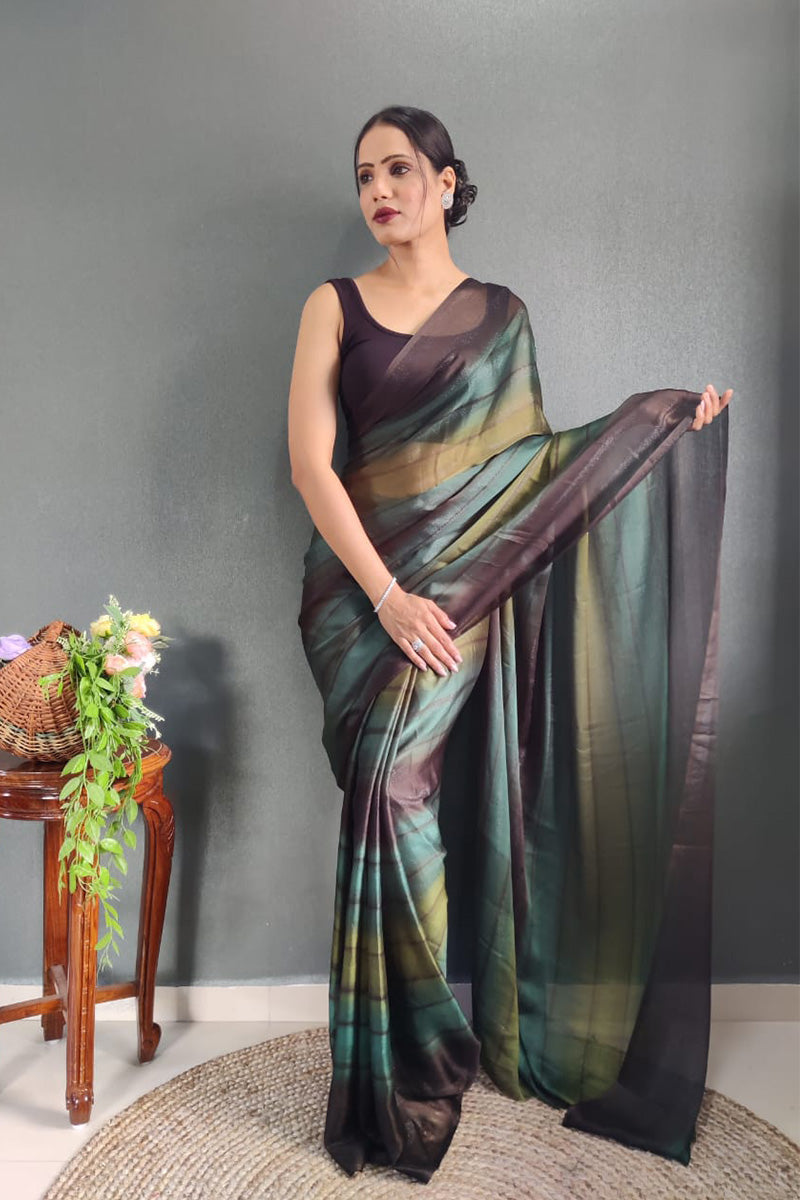 Stunning 1 Minute Ready To Wear Green Nylon Silk Saree
