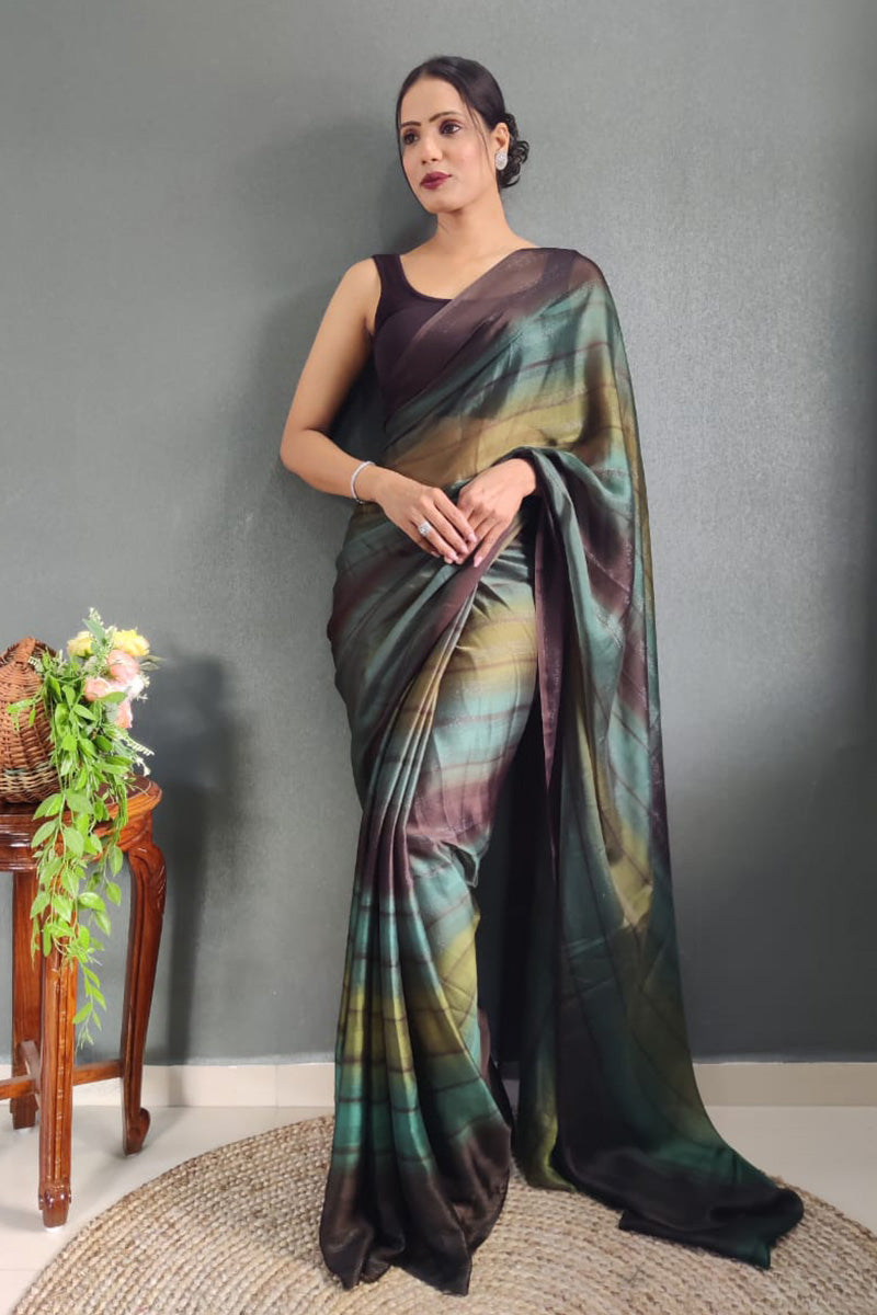 Stunning 1 Minute Ready To Wear Green Nylon Silk Saree