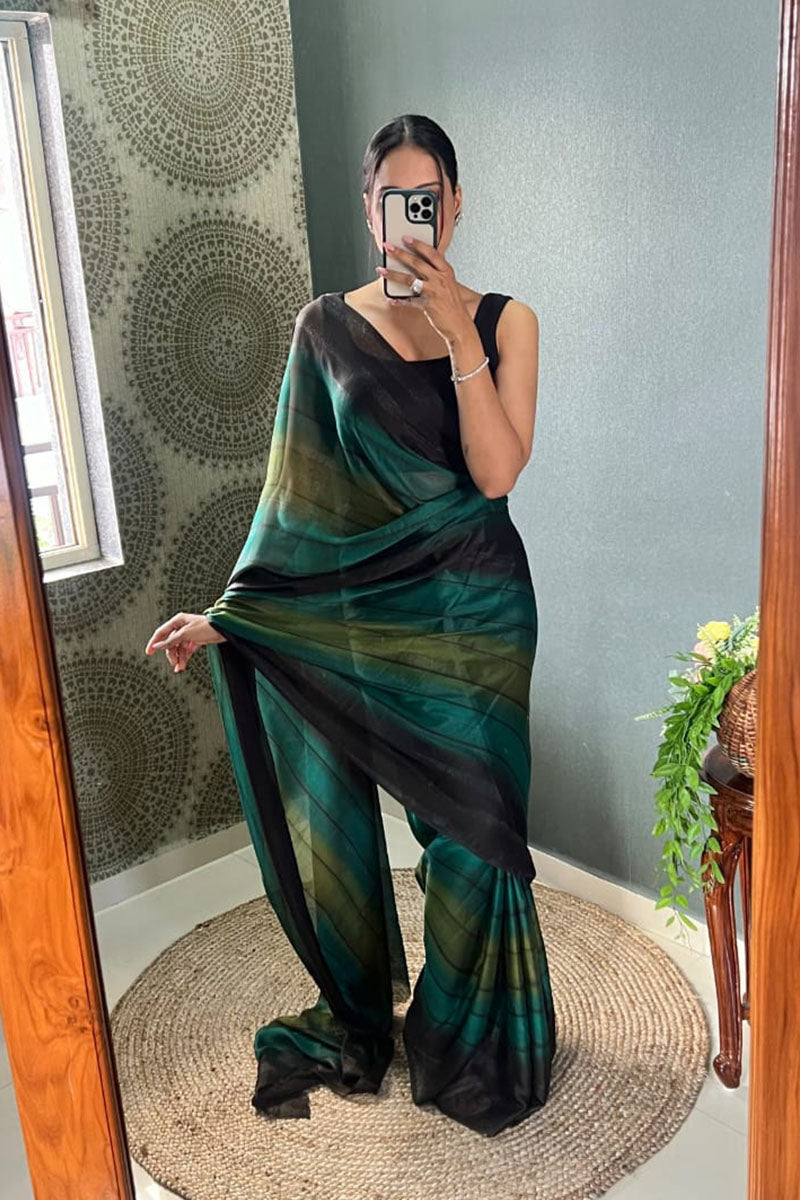 Stunning 1 Minute Ready To Wear Green Nylon Silk Saree