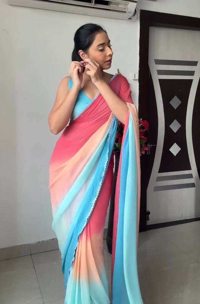 Phenomenal 1 Minute Ready To Wear Pink And Sky Blue Georgette Saree