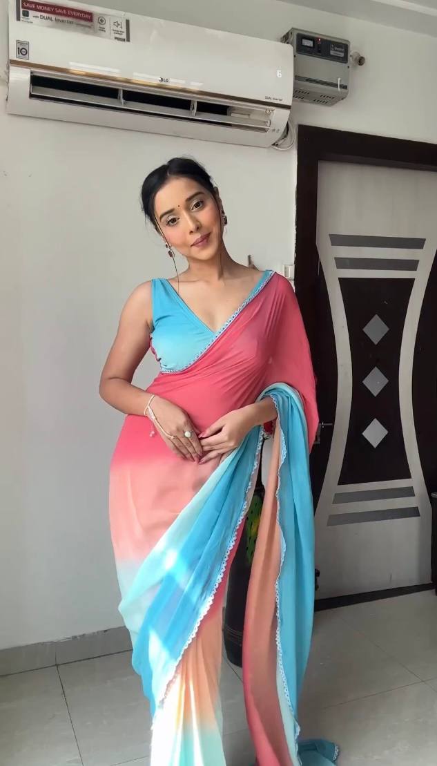 Phenomenal 1 Minute Ready To Wear Pink And Sky Blue Georgette Saree
