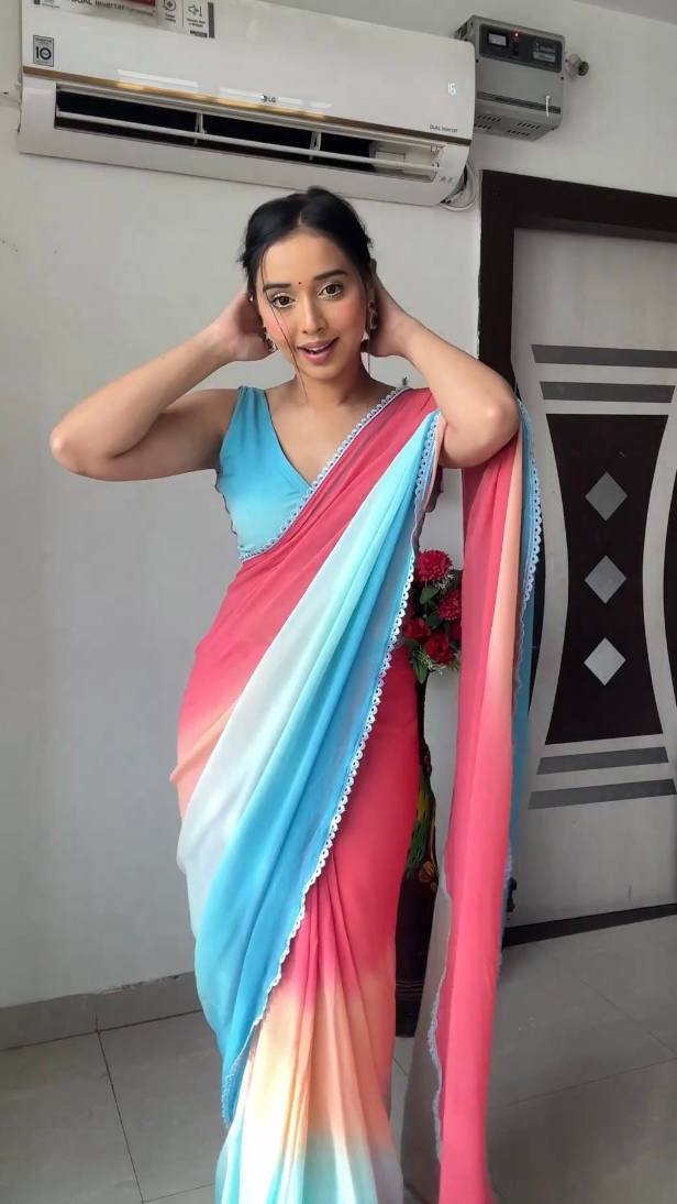 Phenomenal 1 Minute Ready To Wear Pink And Sky Blue Georgette Saree
