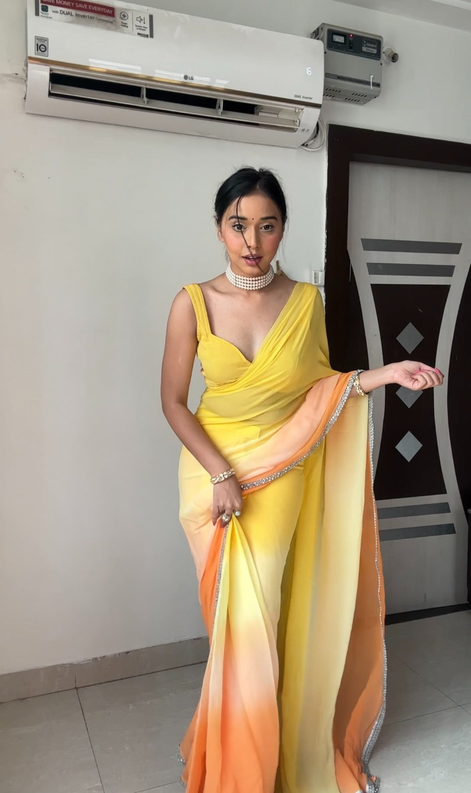 Blissful 1 Minute Ready To Wear Yellow And Orange Georgette Digital Printed Saree