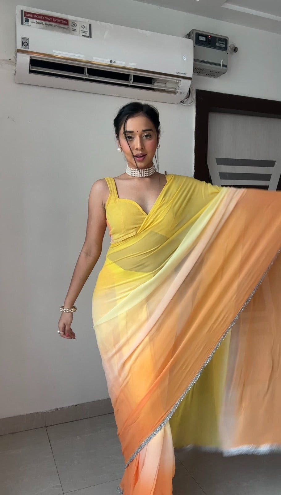 Blissful 1 Minute Ready To Wear Yellow And Orange Georgette Digital Printed Saree
