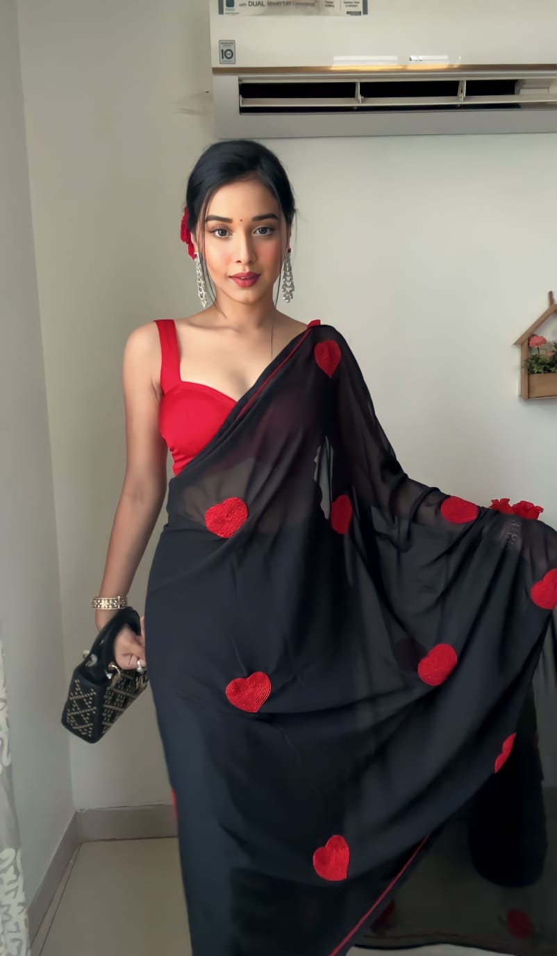 Traditional 1 Minute Ready To Wear Black Georgette Chain Work Saree