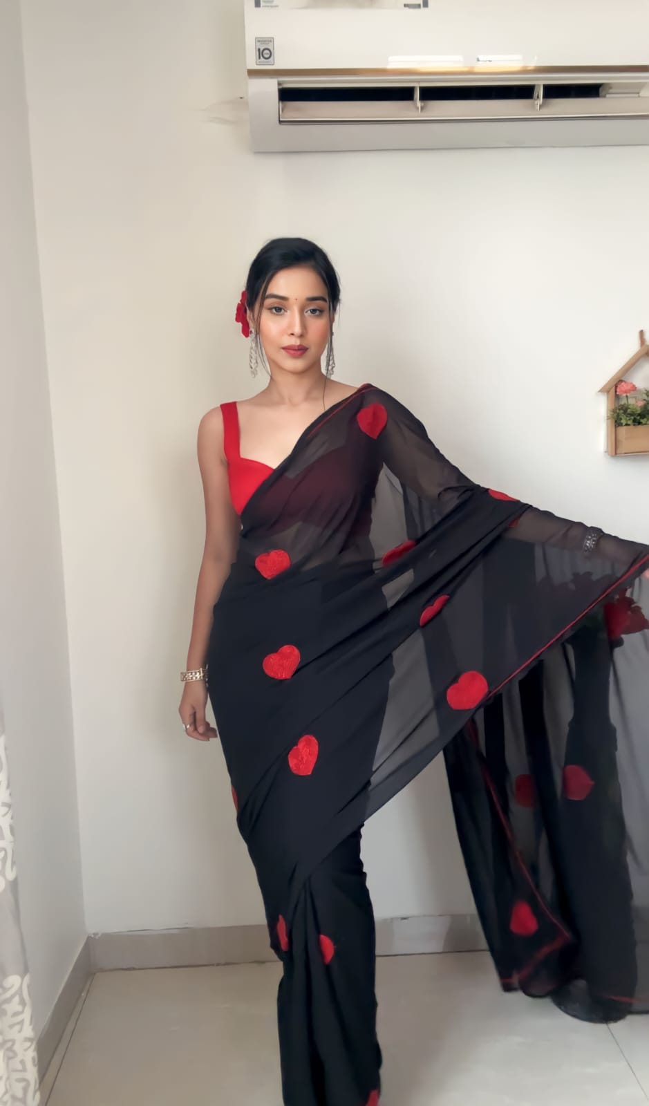 Traditional 1 Minute Ready To Wear Black Georgette Chain Work Saree